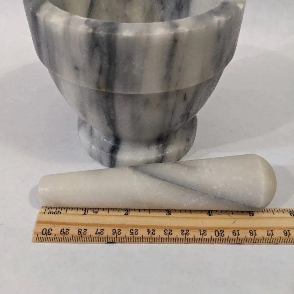 Grey White Veined Marble Mortar & Pestle Set Pedestal Base Kitchen Spice Grinder